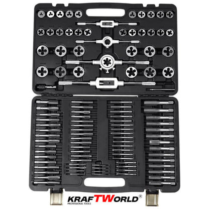 Комплект 110 части за резба KraftWorld | Метчици и плашки в куфар