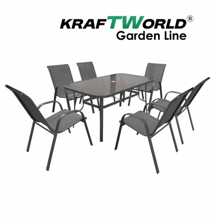 Метален Градински сет Napoli 7 части – Маса с Термо Стъкло и 6 Текстилни Стола
