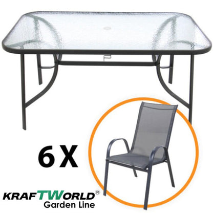 Метален Градински сет Napoli 7 части – Маса с Термо Стъкло и 6 Текстилни Стола