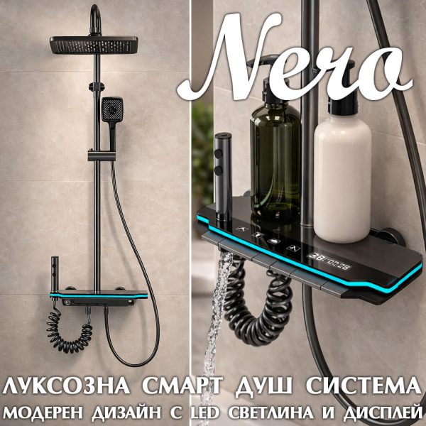 Премиум душ система Nero с термостат, LED дисплей и тропически душ