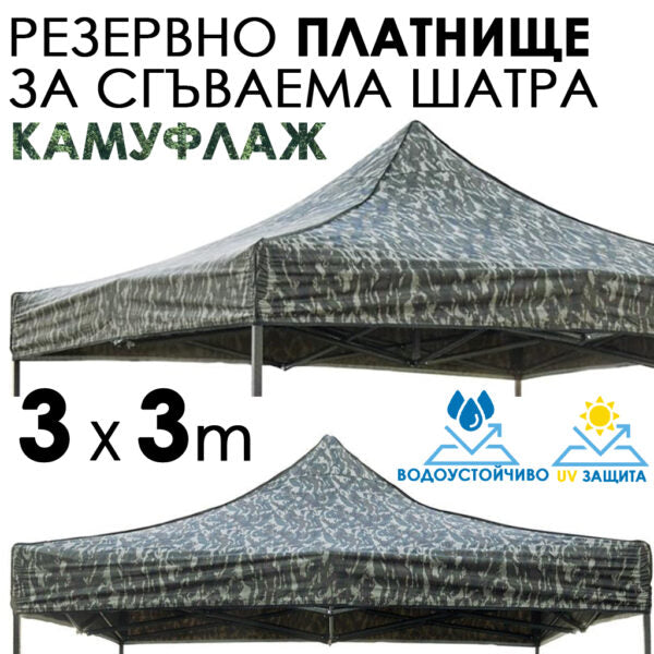 Камуфлажно платнище за шатра 3×3 – Водоустойчиво и UV защитено покривало за градинска сгъваема тента