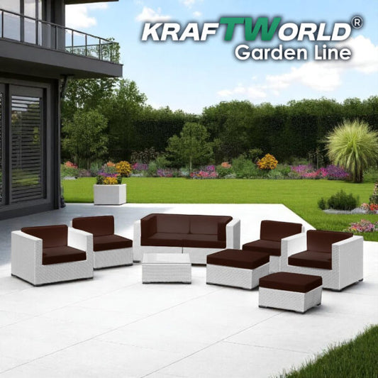 Градински комплект Ница: диван, 2 кресла с подлакътници, 2 без подлакътници, 2 табуретки и маса