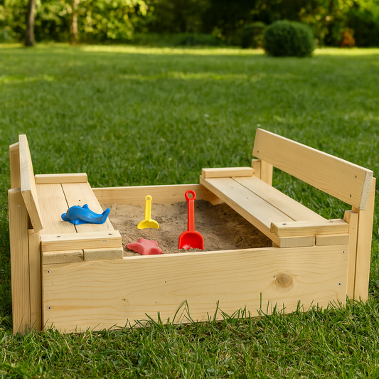 Детски дървен пясъчник с капак и пейки – масив, два размера: 100×100 и 200×200 см