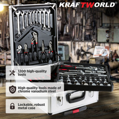 Куфар с инструменти 1200 части KraftWorld -ключове,тресчотка, клещи, отвертки