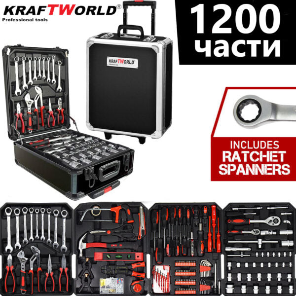 Куфар с инструменти 1200 части KraftWorld – тресчотни ключове,тресчотка, клещи, отвертки