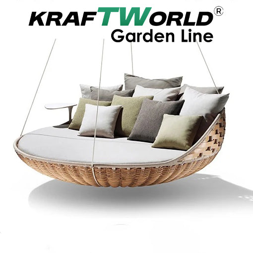 Градинско ратаново легло/люлка Cancun: Ø160 см с възглавници и масичка