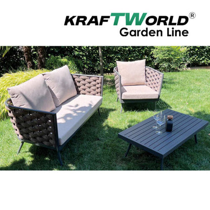 Луксозен Градински комплект Ibiza: диван, 2 кресла и маса с алуминиева рамка и възглавници