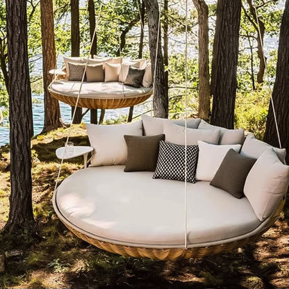 Градинско ратаново легло/люлка Cancun: Ø160 см с възглавници и масичка