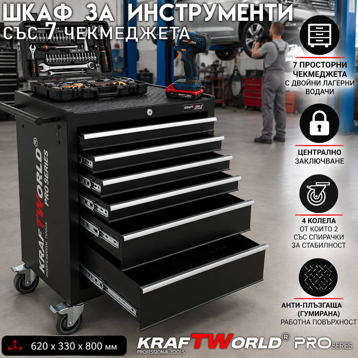 Професионална Количка за Инструменти KraftWorld – 7 Чекмеджета, Централно Заключване