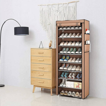 Текстилен шкаф за обувки с 9 рафта – до 27чифта – етажерка в кафяво или бежово