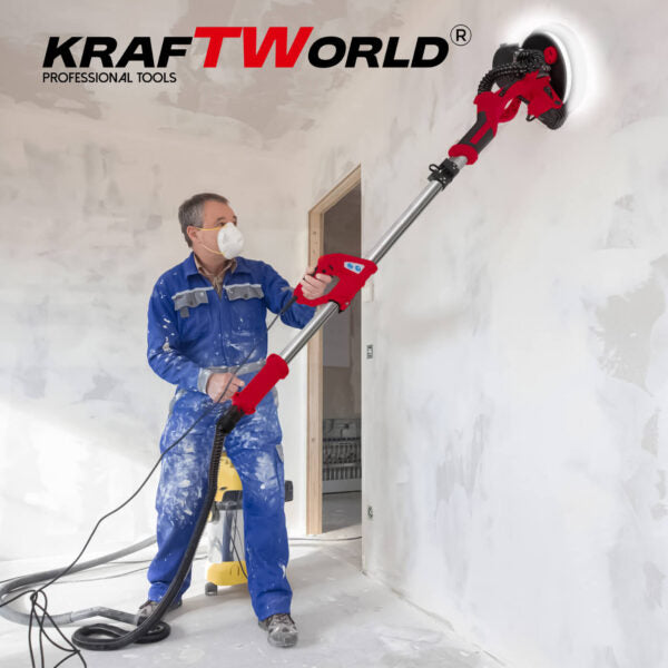 Шлайфмашина за стени и тавани KraftWorld – с кръгла LED глава,телескопично рамо,торба и 6 диска