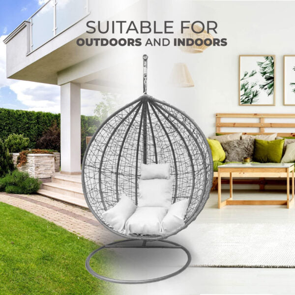 Сив Висящ Ратанов Стол – ГОЛЯМА Градинска Люлка Водоустойчива