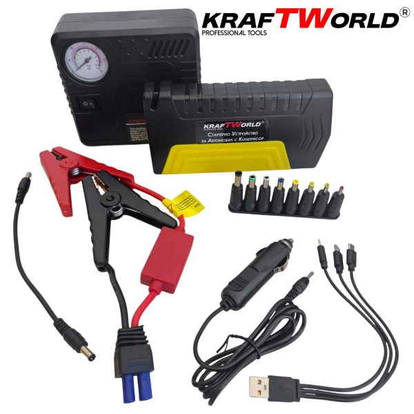 KraftWorld KW-2679 – Джъмп стартер за кола с компресор, фенер и аварийни инструменти 12V, 600A, USB