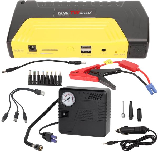 KraftWorld KW-2679 – Джъмп стартер за кола с компресор, фенер и аварийни инструменти 12V, 600A, USB