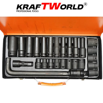 Комплект ударни вложки 27 части KraftWorld – 1/2″, с удължител и ударен кардан
