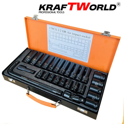 Комплект ударни вложки 27 части KraftWorld – 1/2″, с удължител и ударен кардан