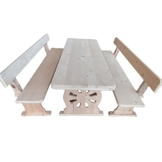 Дървен градински комплект „Баварски“ – маса и пейки с облегалки, масив 200×80 см